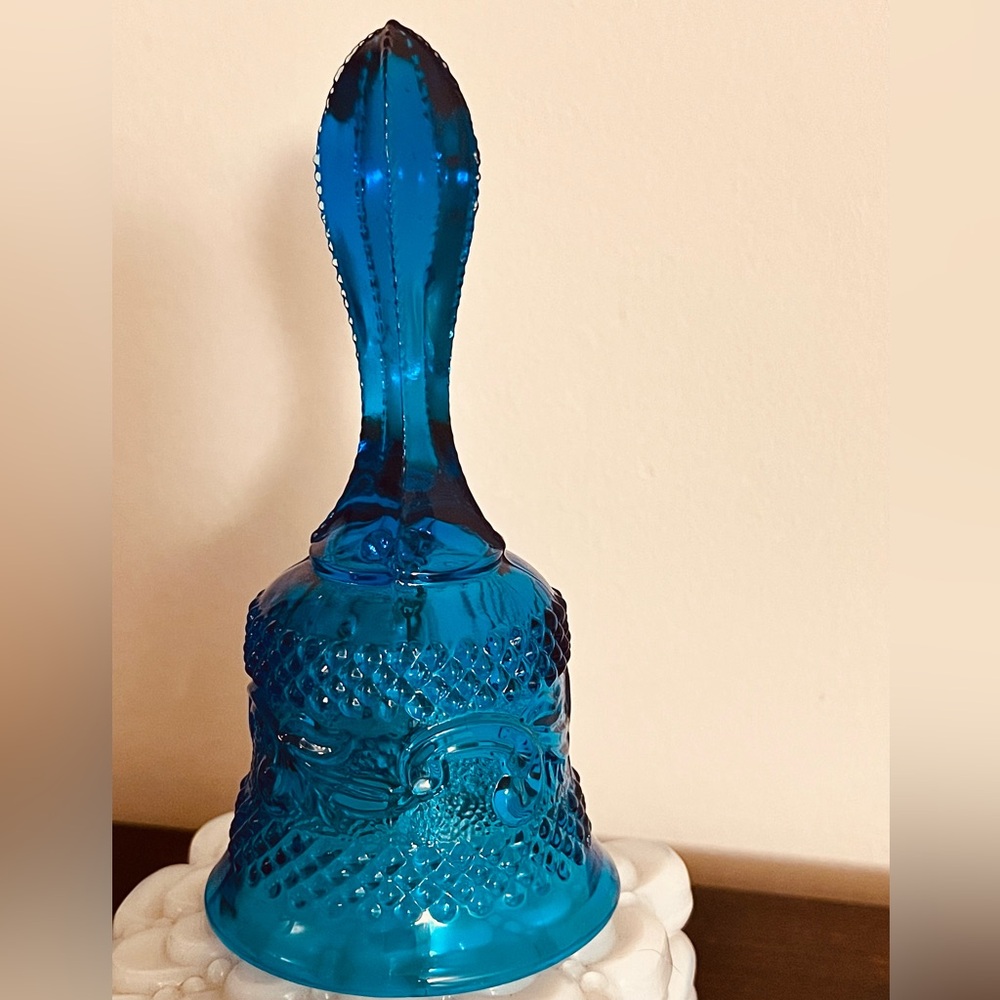 Vintage Fenton Aqua Blue Glass Bell English Diamond Point & Scrolls 6” T